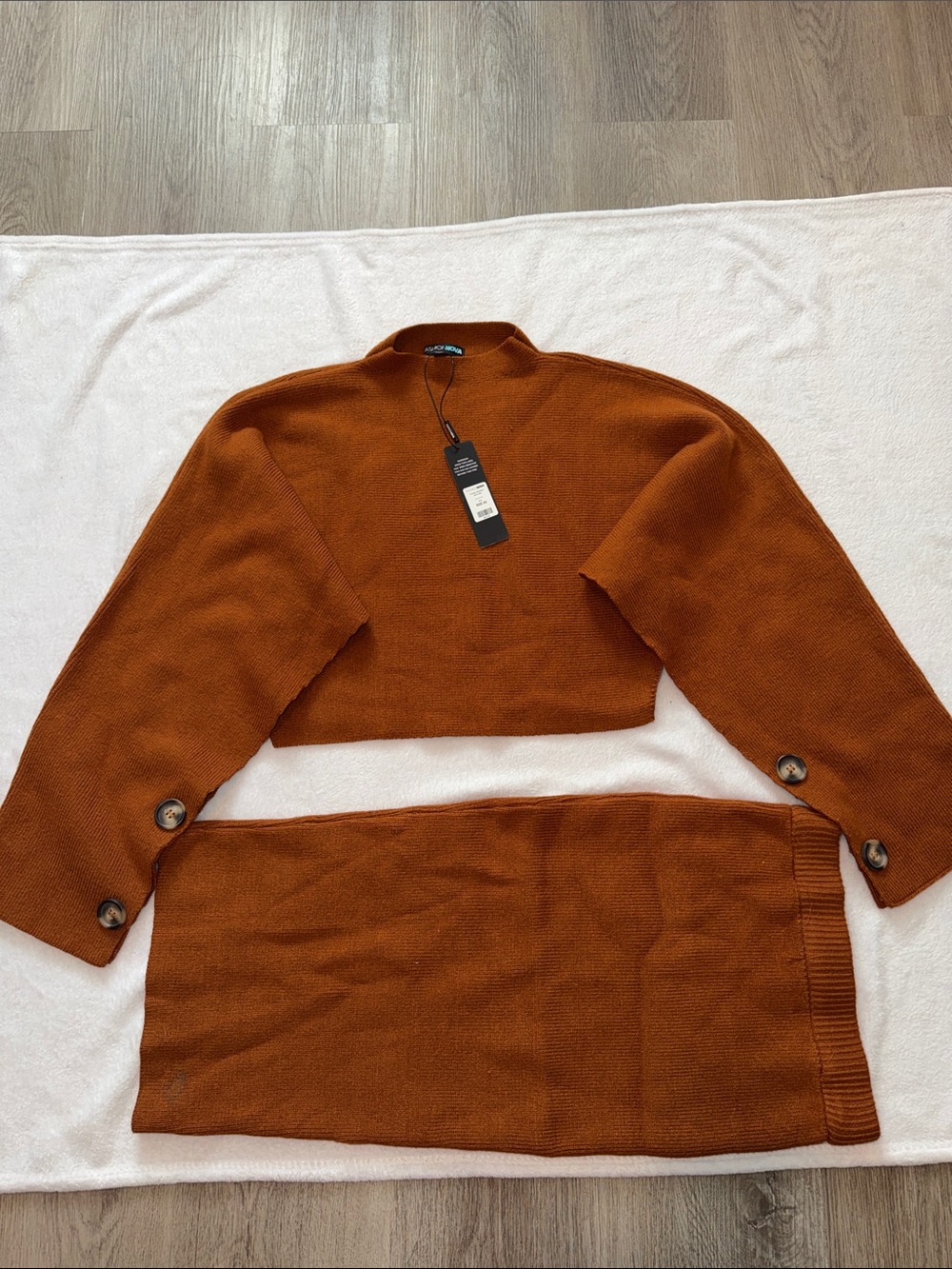 Fashion Nova Women's Two-Piece Knit Skirt Set in Rust color camel